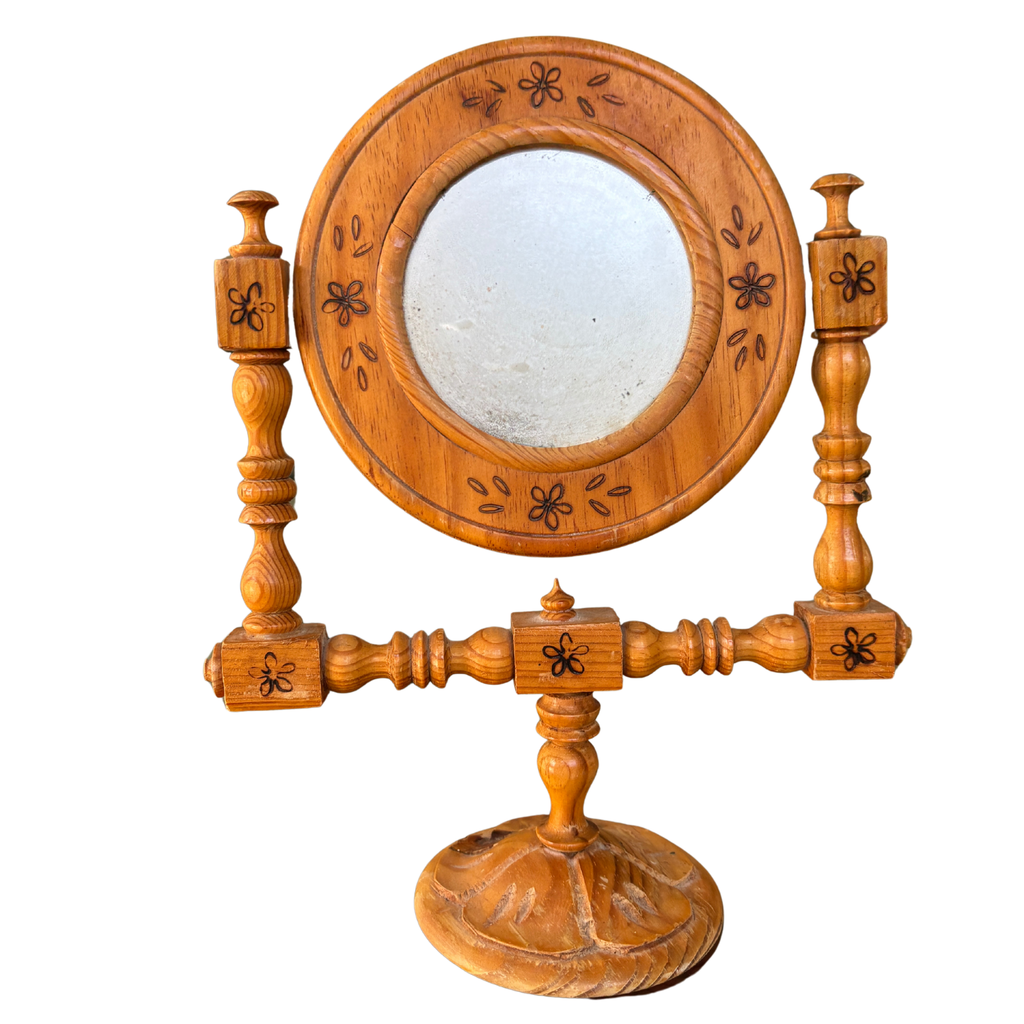 Vintage Turned Wood Tabletop Mirror
