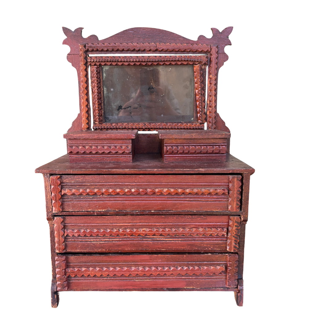 Antique Tramp Art Miniature Dresser with Mirror