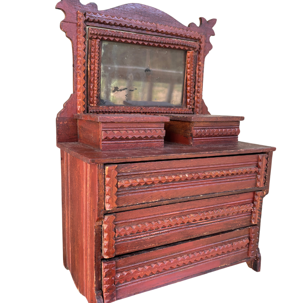 Antique Tramp Art Miniature Dresser with Mirror