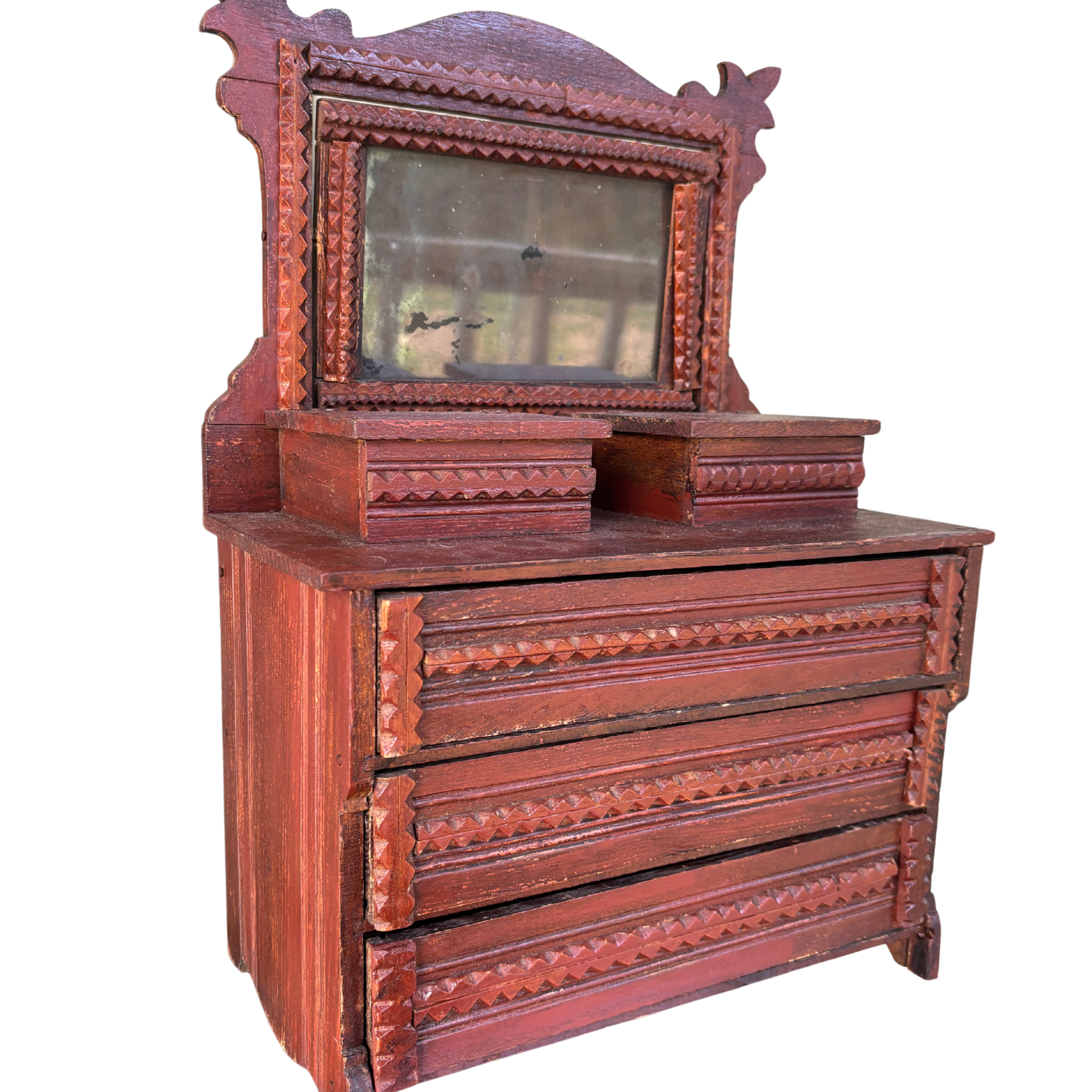 Antique Tramp Art Miniature Dresser with Mirror