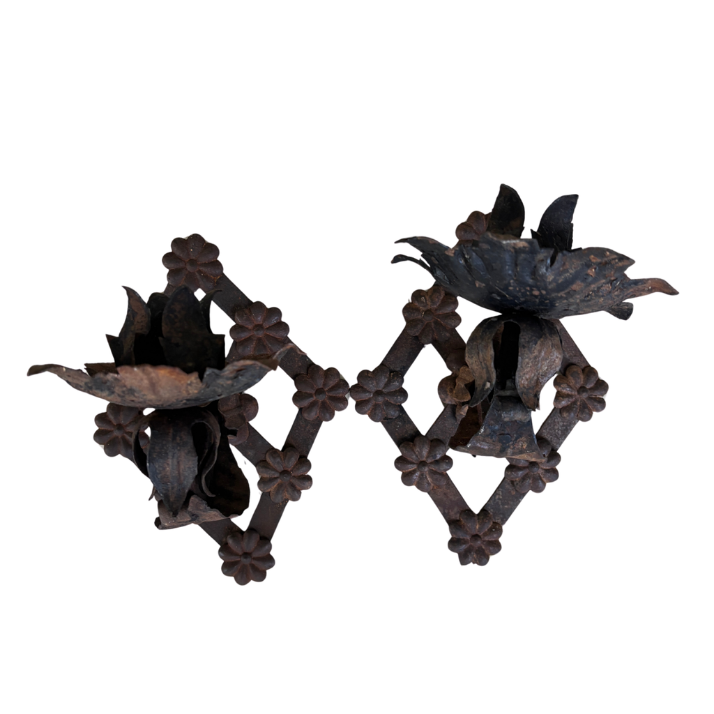 Antique Hand-Wrought Iron Floral Candle Sconces