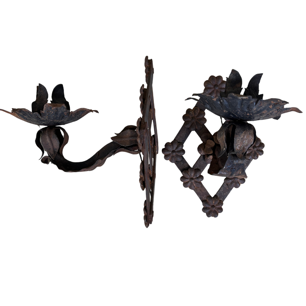 Antique Hand-Wrought Iron Floral Candle Sconces