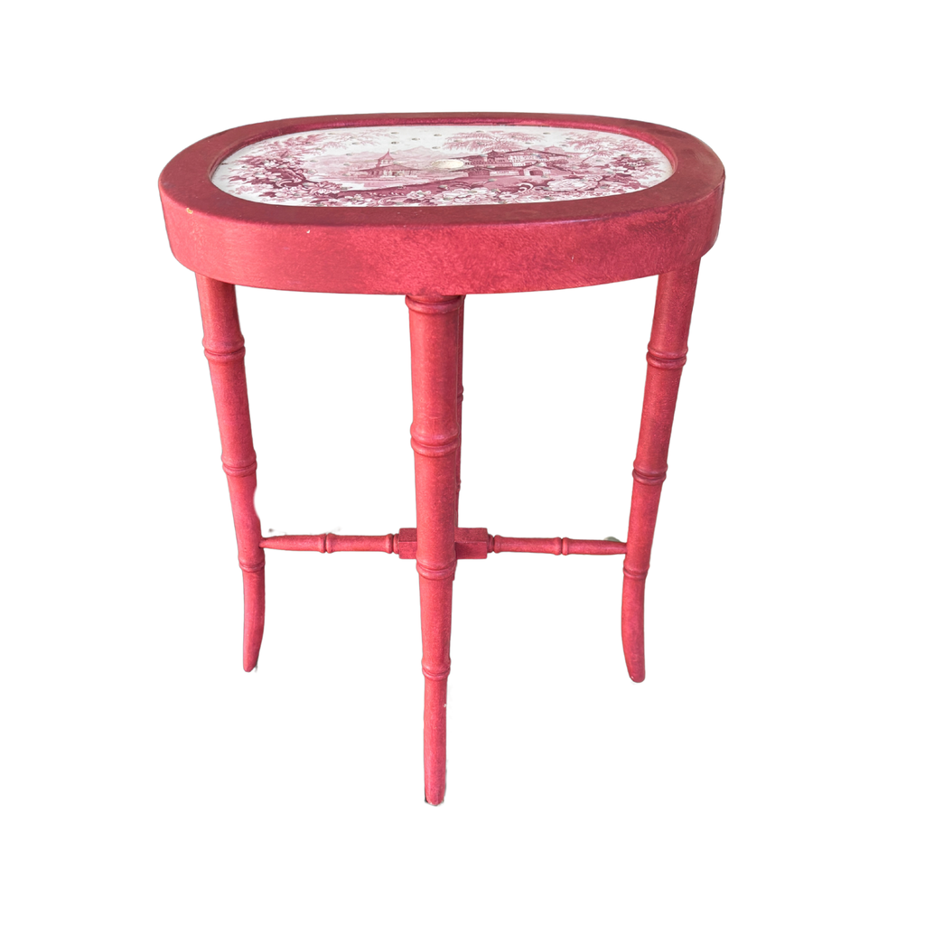 Vintage Red Bamboo Side Table with Antique Pink Strainer Top