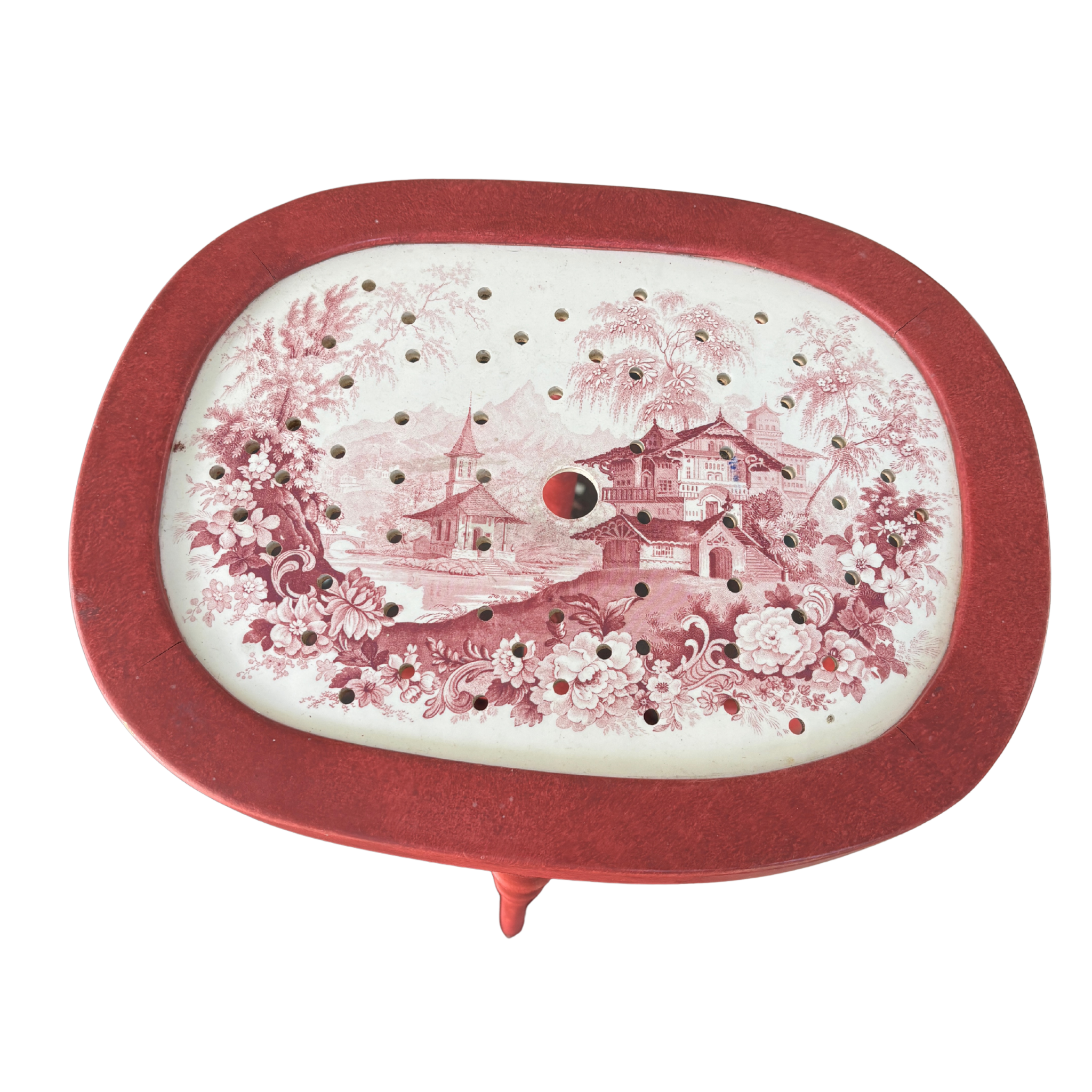 Vintage Red Bamboo Side Table with Antique Pink Strainer Top
