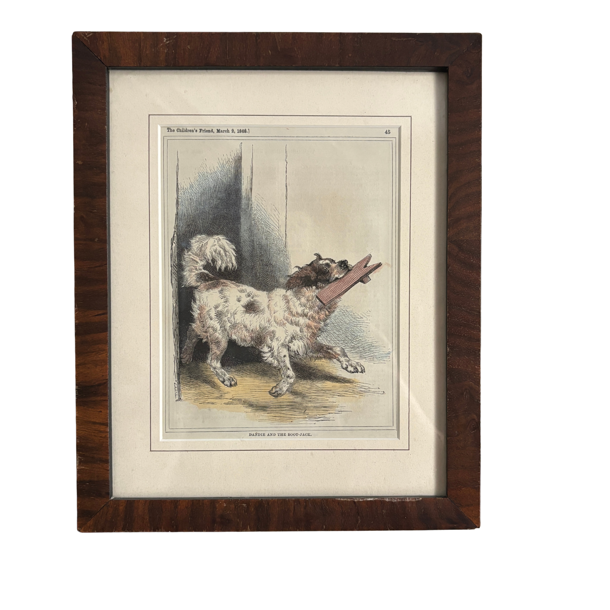 Antique Framed Lithograph "Dandie and the Boot Jack"