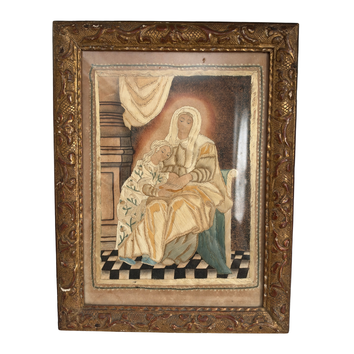 Antique Framed Embroidery of St. Anne Teaching the Virgin Mary to Read
