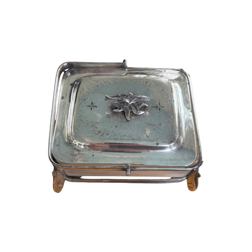 Antique Silverplate Sardine Dish with Frosted Glass Liner & Fish Server