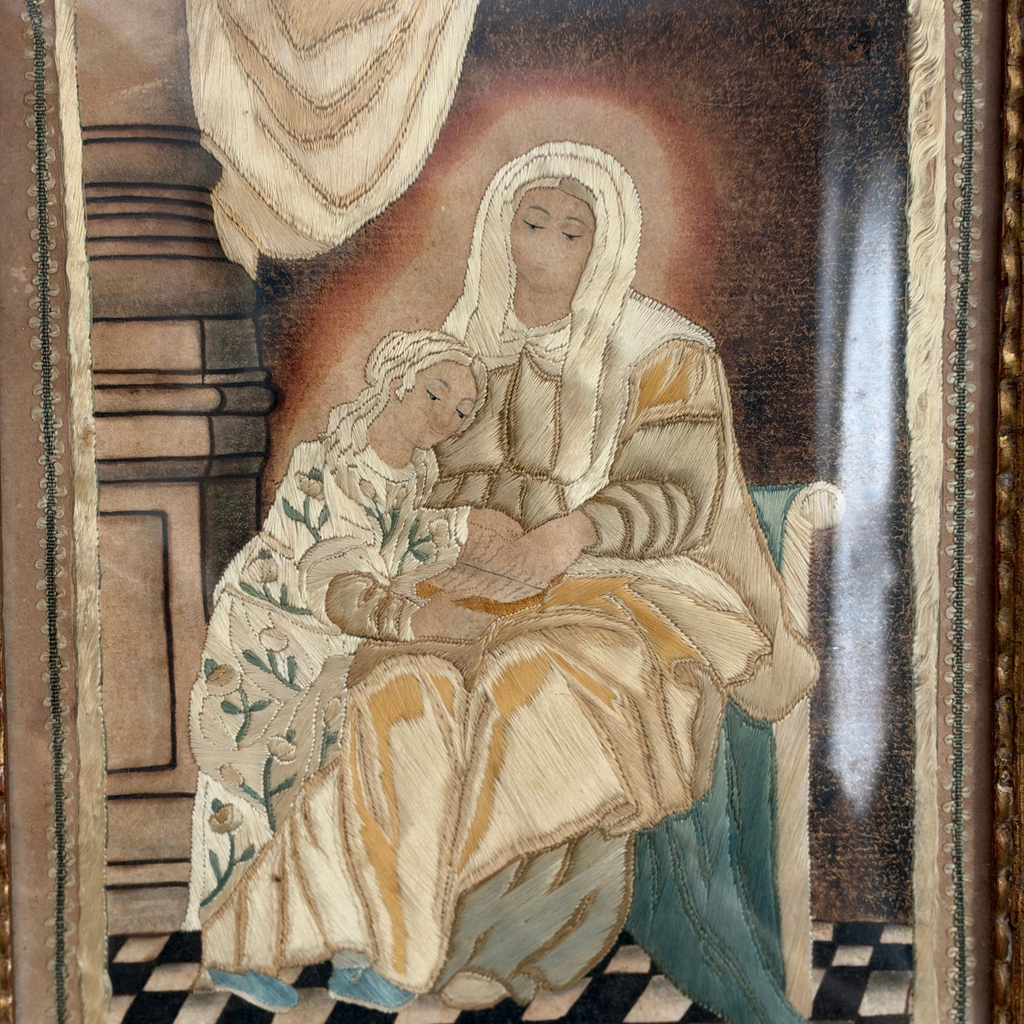 Antique Framed Embroidery of St. Anne Teaching the Virgin Mary to Read