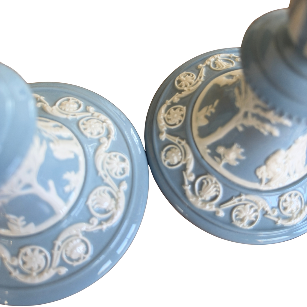 Pair of Vintage Wedgwood Blue Queensware Candlesticks