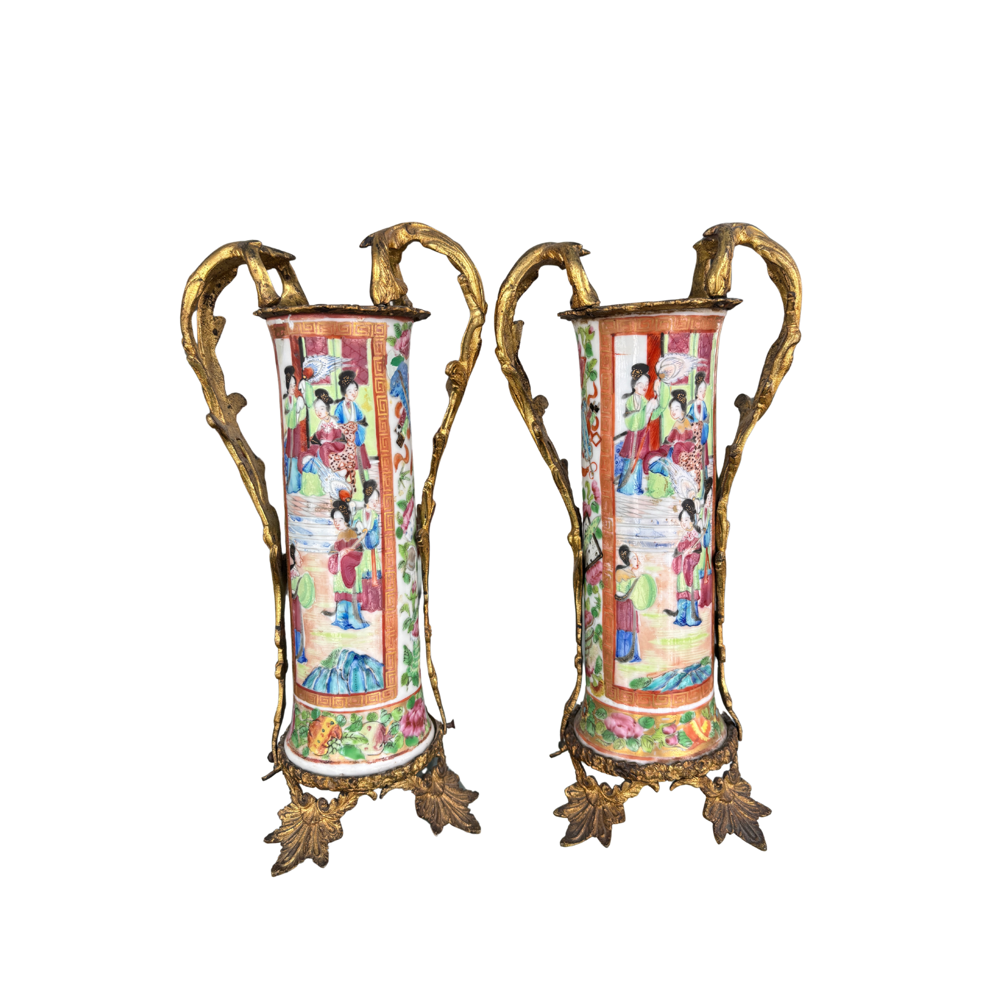 Antique Ormolu Rose Medallion Vase Pair