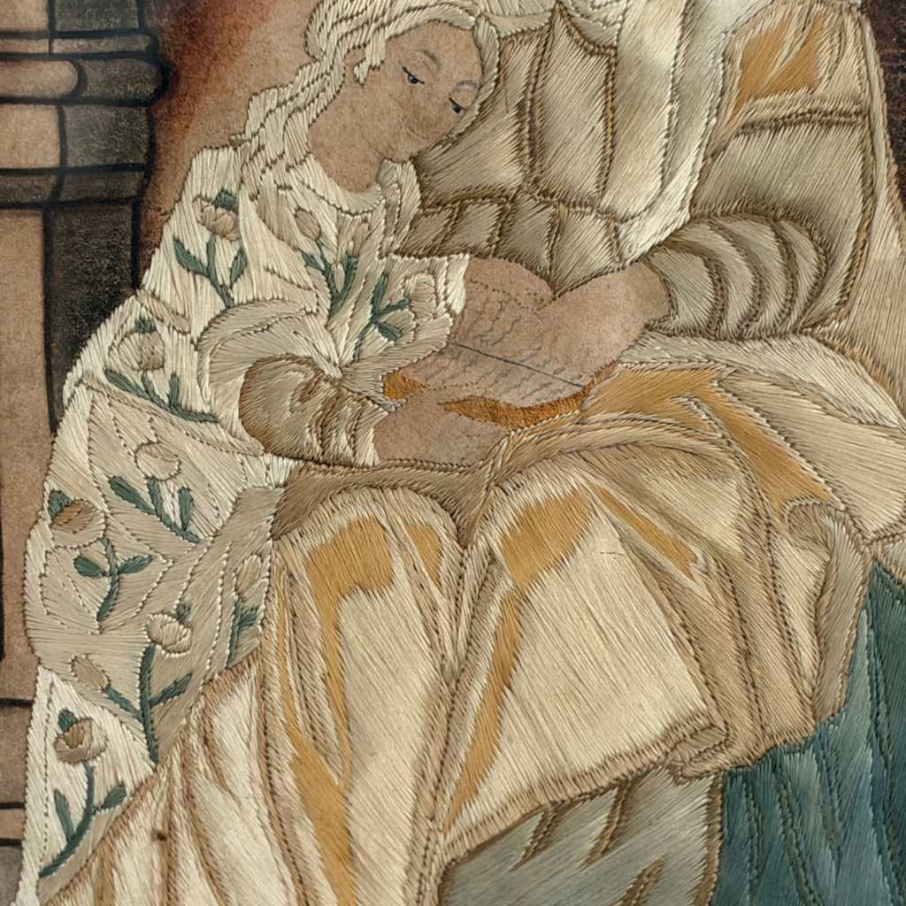 Antique Framed Embroidery of St. Anne Teaching the Virgin Mary to Read