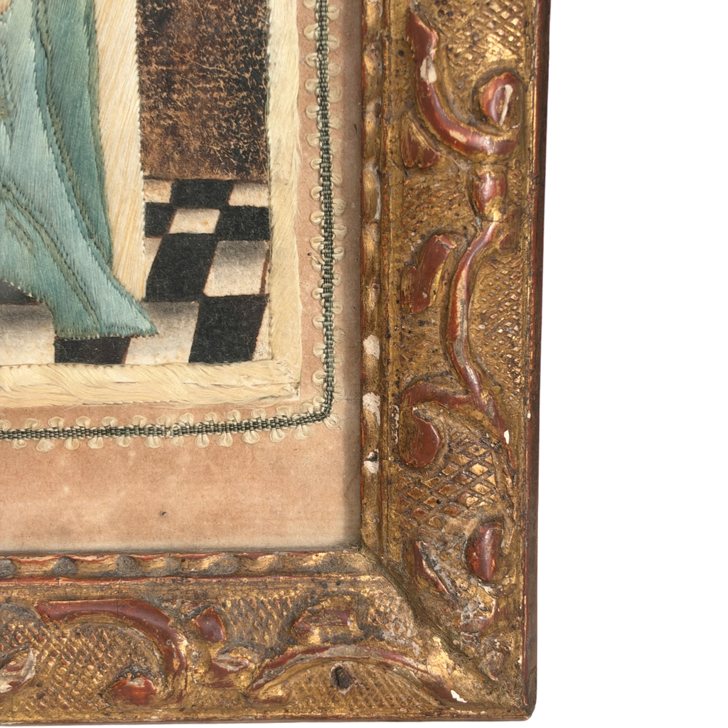 Antique Framed Embroidery of St. Anne Teaching the Virgin Mary to Read