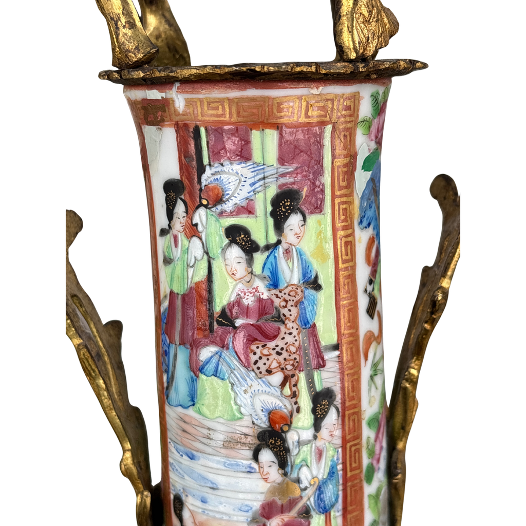 Antique Ormolu Rose Medallion Vase Pair