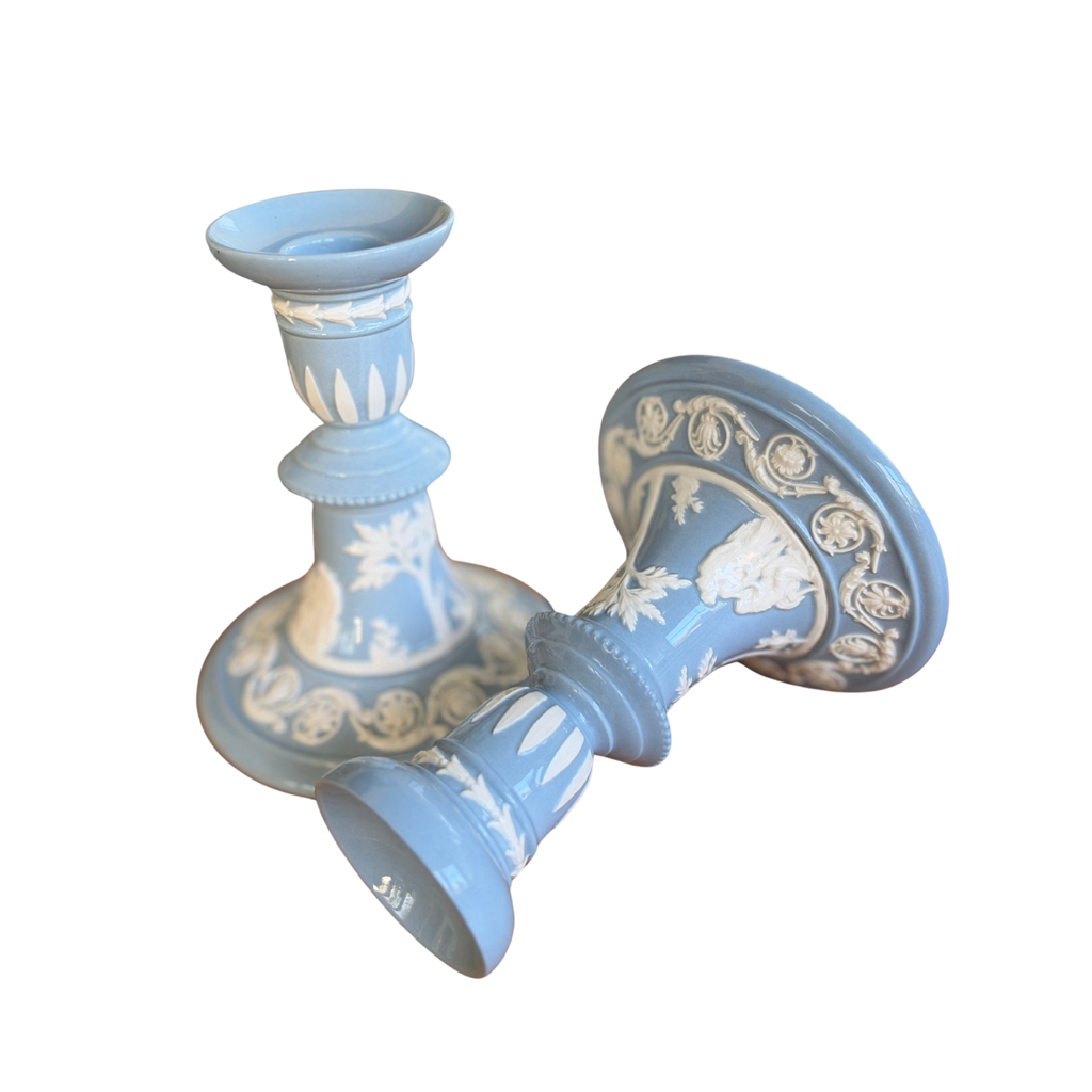 Pair of Vintage Wedgwood Blue Queensware Candlesticks