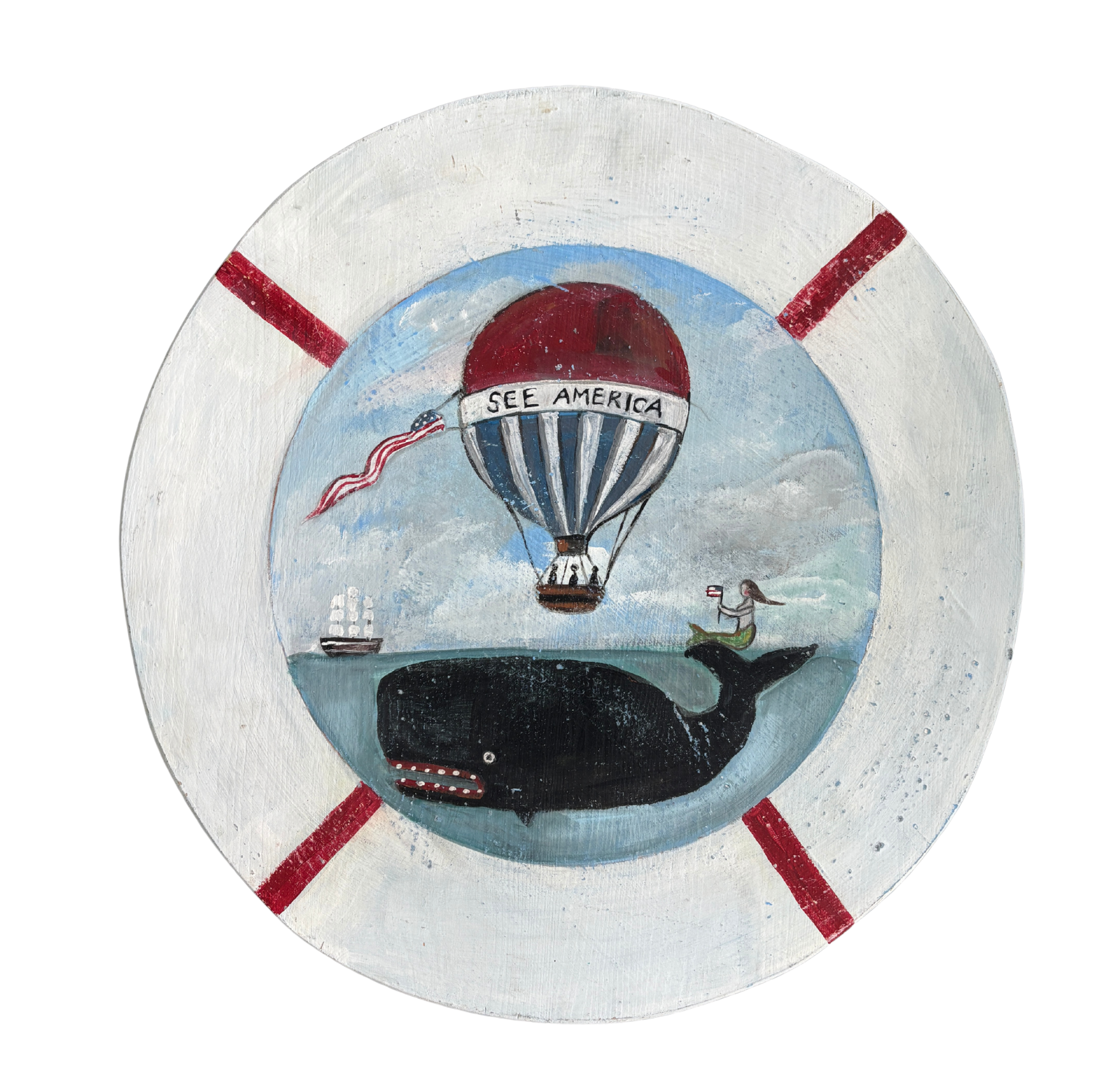Original Melinda Kirkpatrick Folk Art Round Hot Air Balloon and Whale