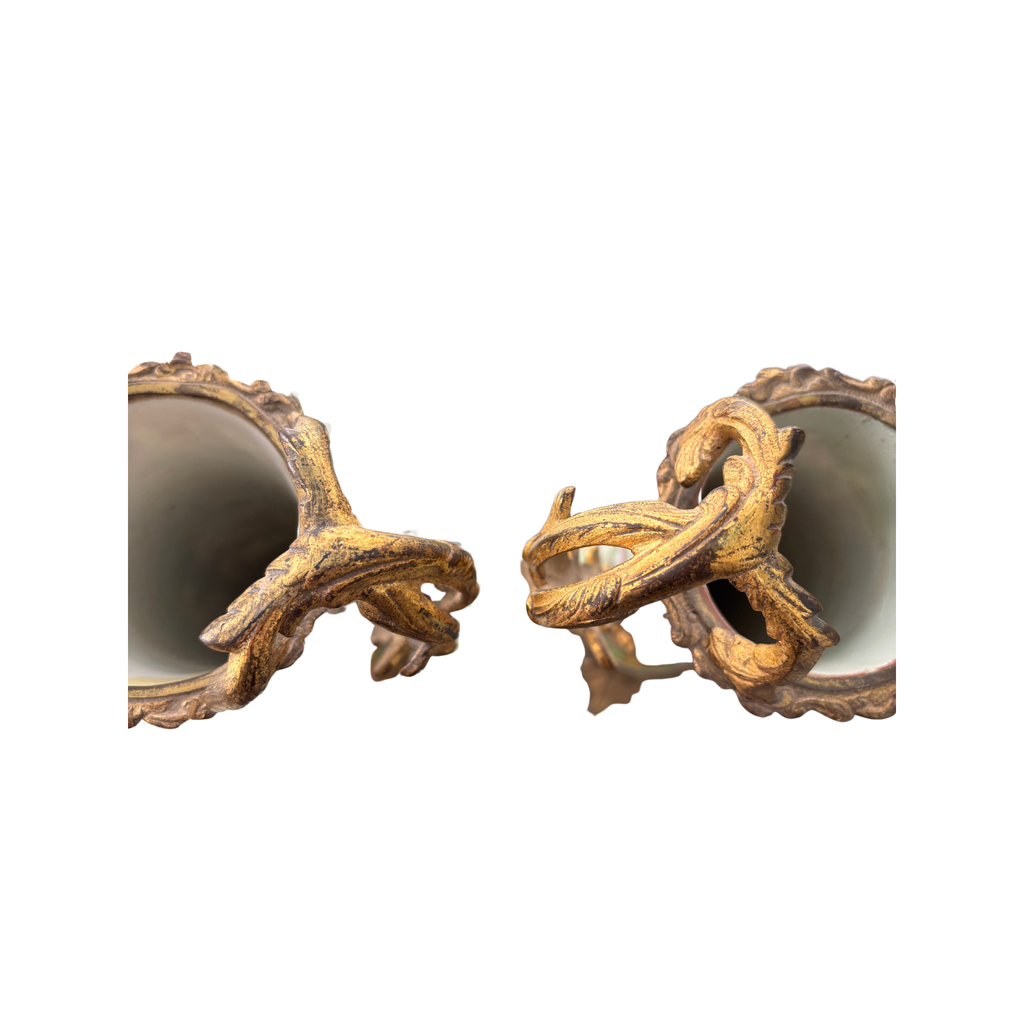 Antique Ormolu Rose Medallion Vase Pair