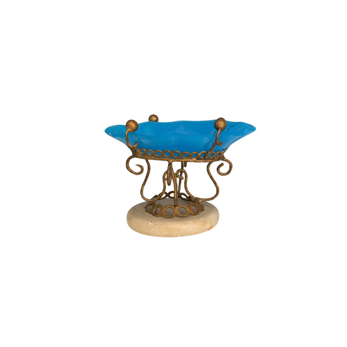 Antique French Blue Opaline Glass Dish on Alabaster Base