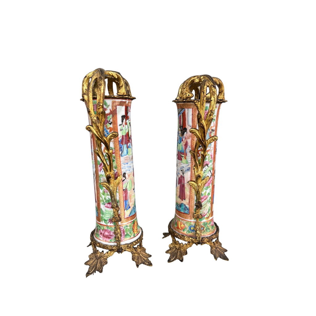 Antique Ormolu Rose Medallion Vase Pair