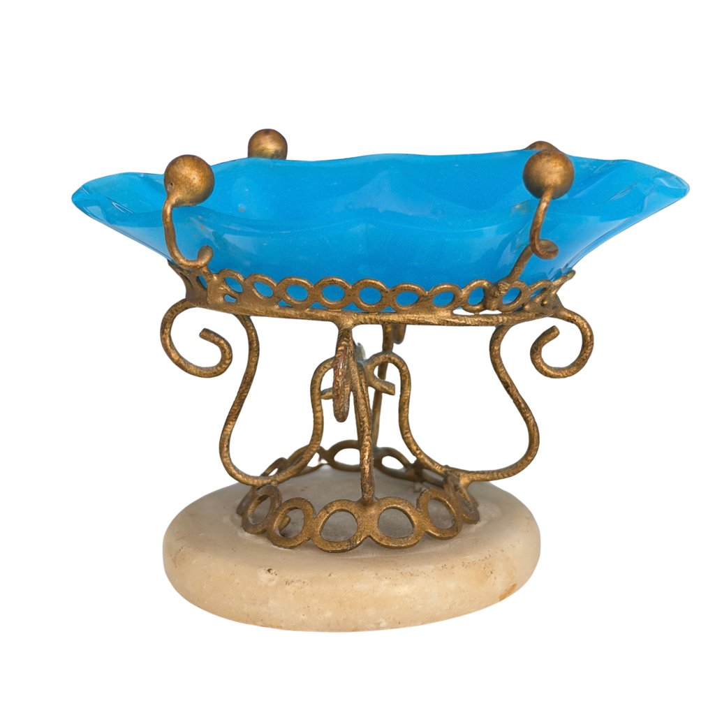 Antique French Blue Opaline Glass Dish on Alabaster Base