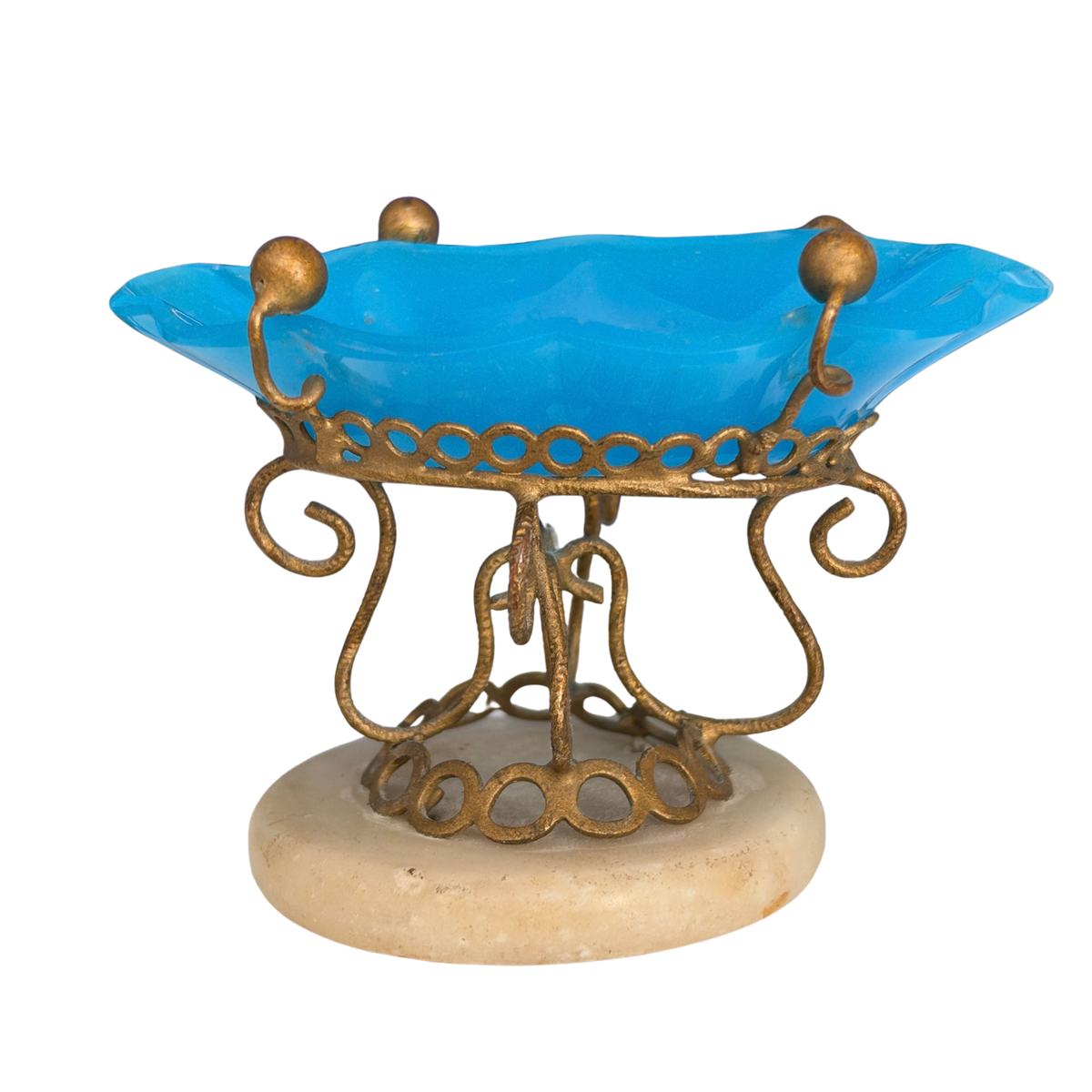 Antique French Blue Opaline Glass Dish on Alabaster Base