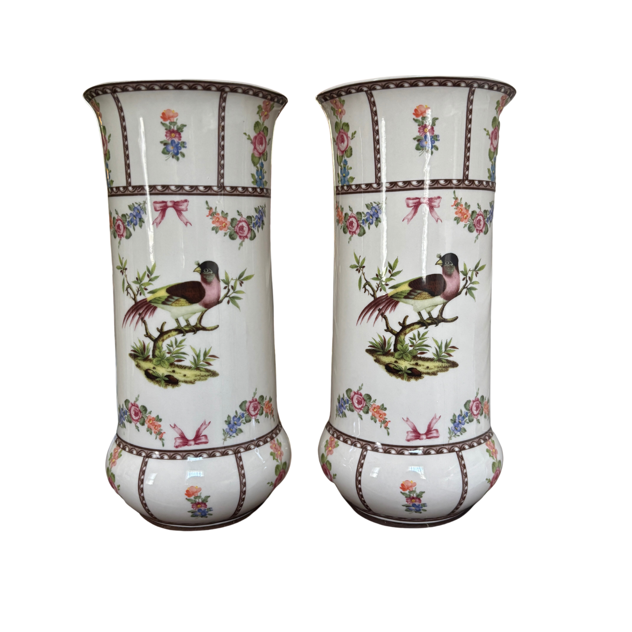 Victoriaware Birds and Floral Bow Vase Pair