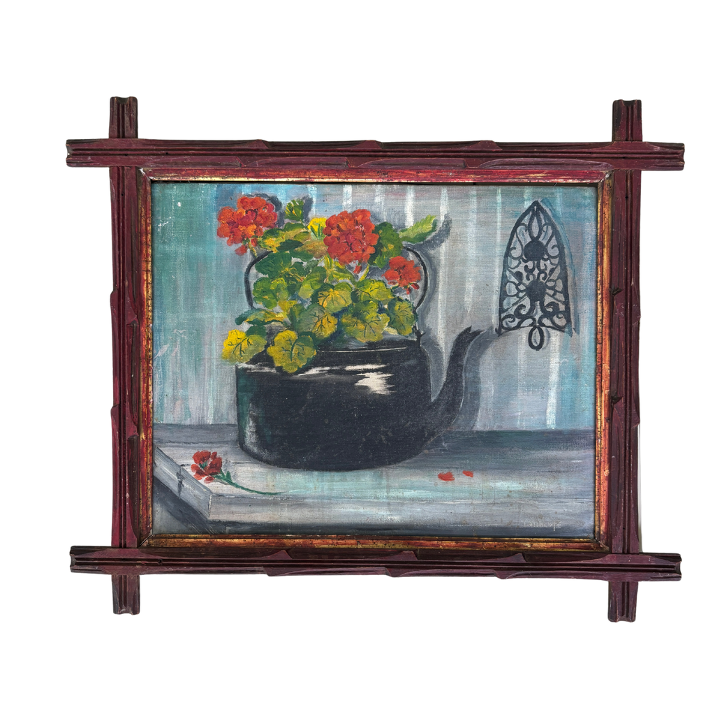 Vintage Floral Still Life in Tramp Art Frame