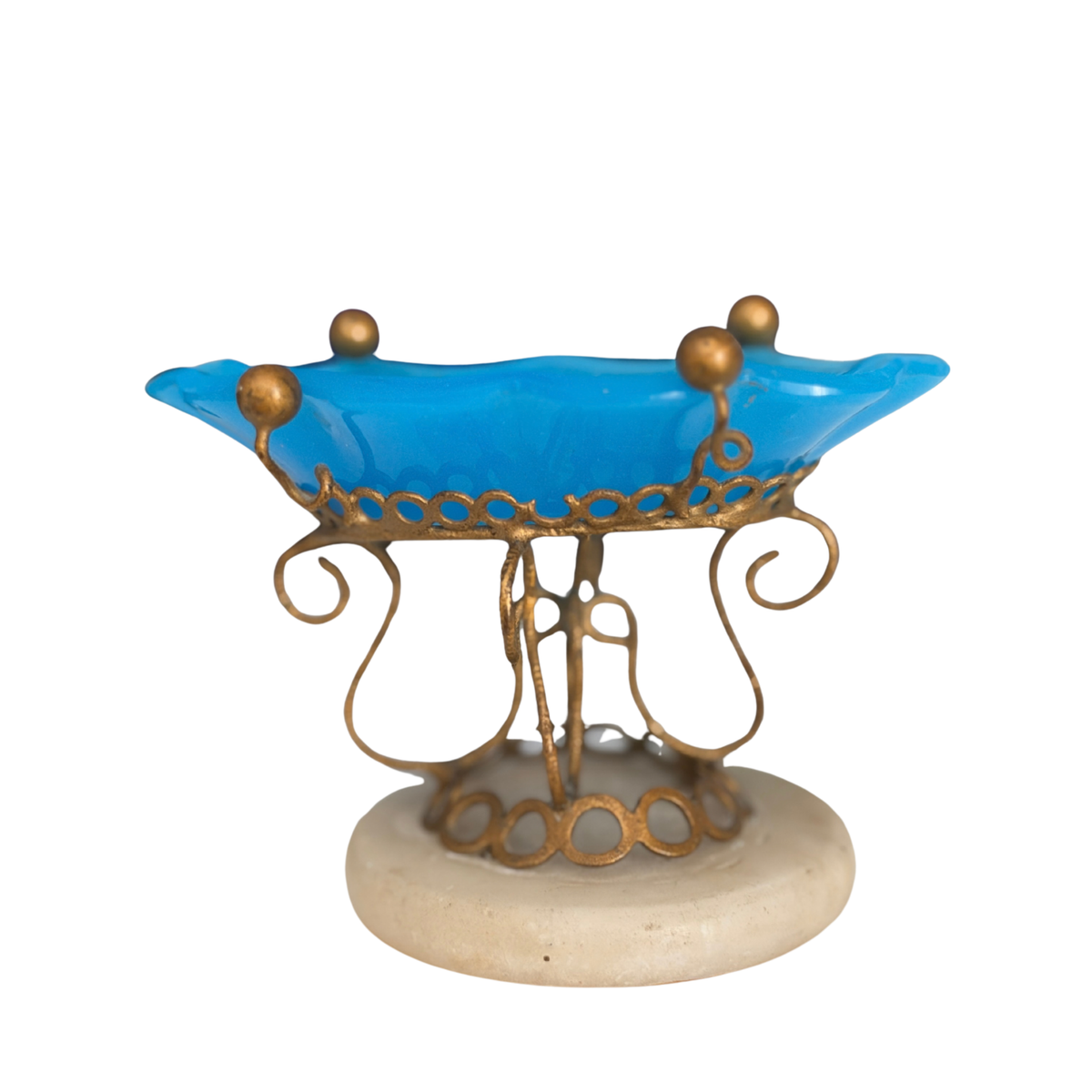 Antique French Blue Opaline Glass Dish on Alabaster Base