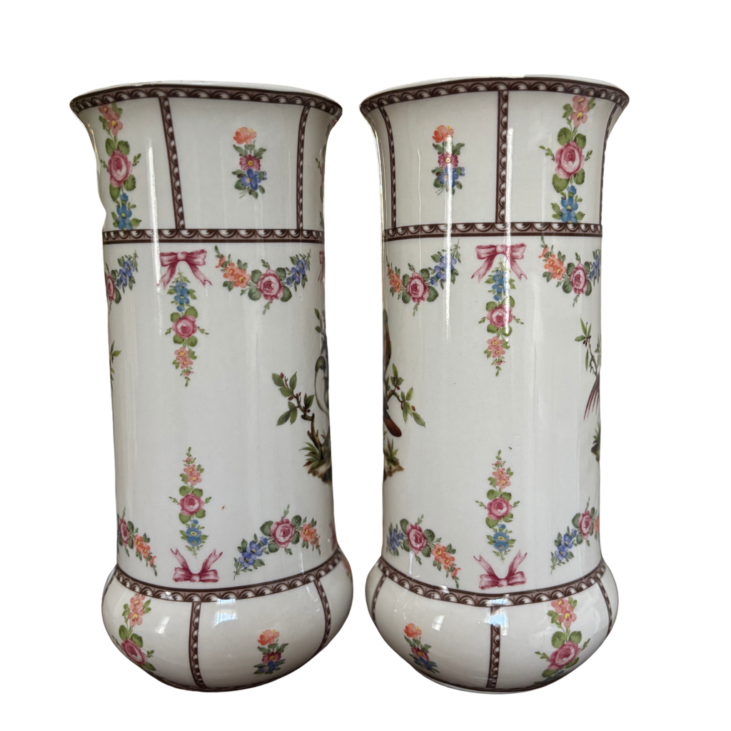 Victoriaware Birds and Floral Bow Vase Pair