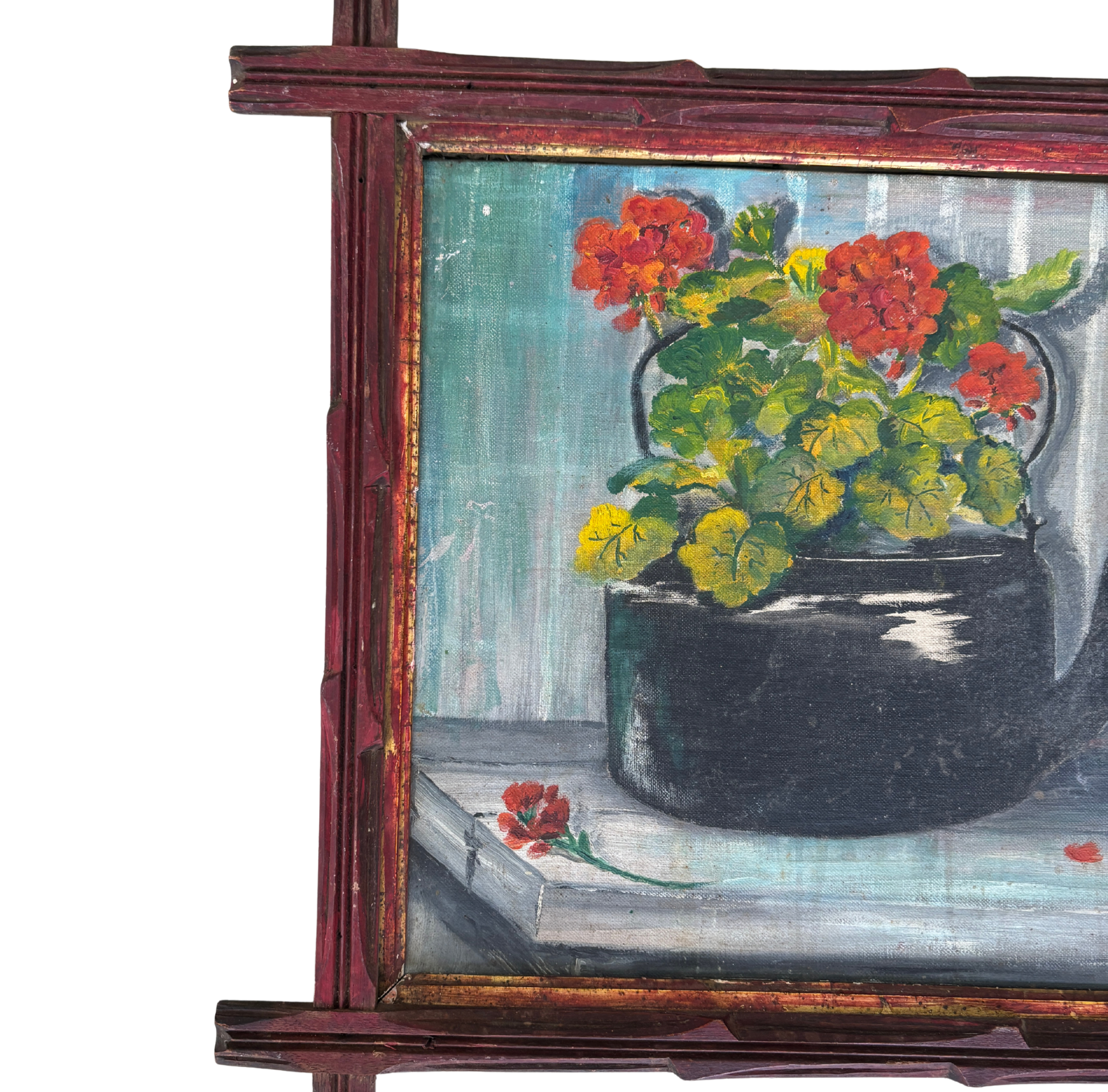 Vintage Floral Still Life in Tramp Art Frame