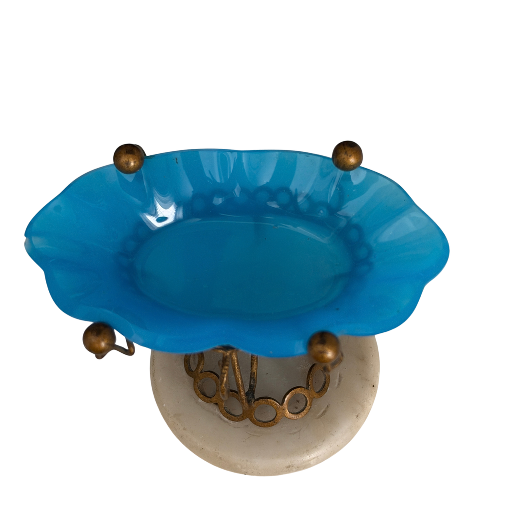Antique French Blue Opaline Glass Dish on Alabaster Base