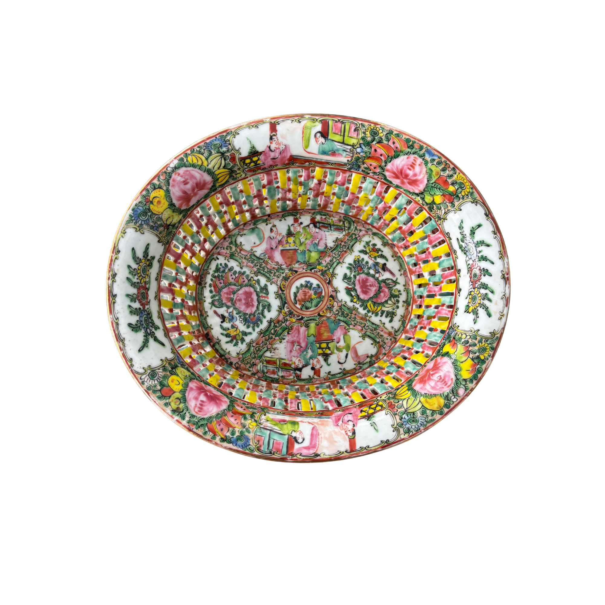 Vintage Reticulated Rose Medallion Basket and Platter