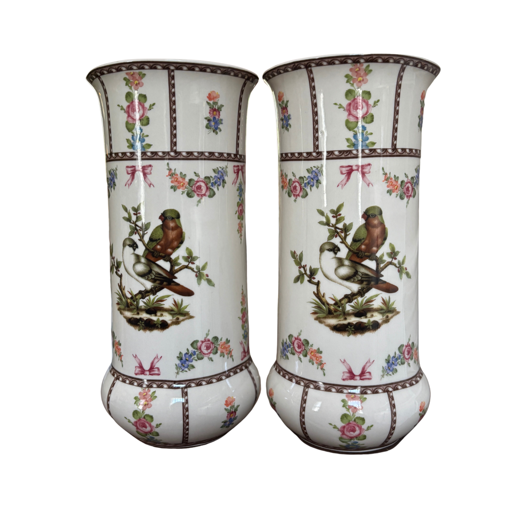 Victoriaware Birds and Floral Bow Vase Pair