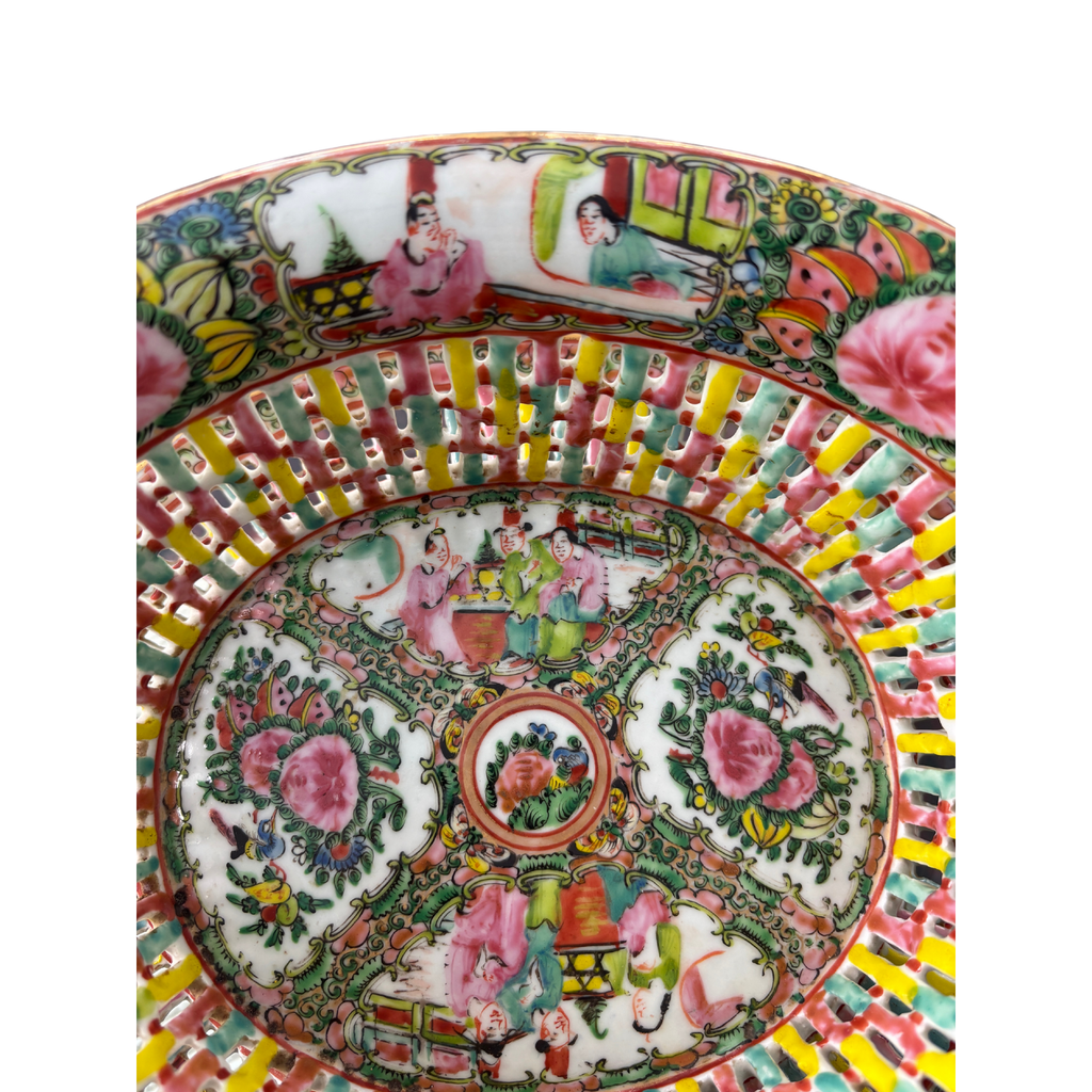 Vintage Reticulated Rose Medallion Basket and Platter