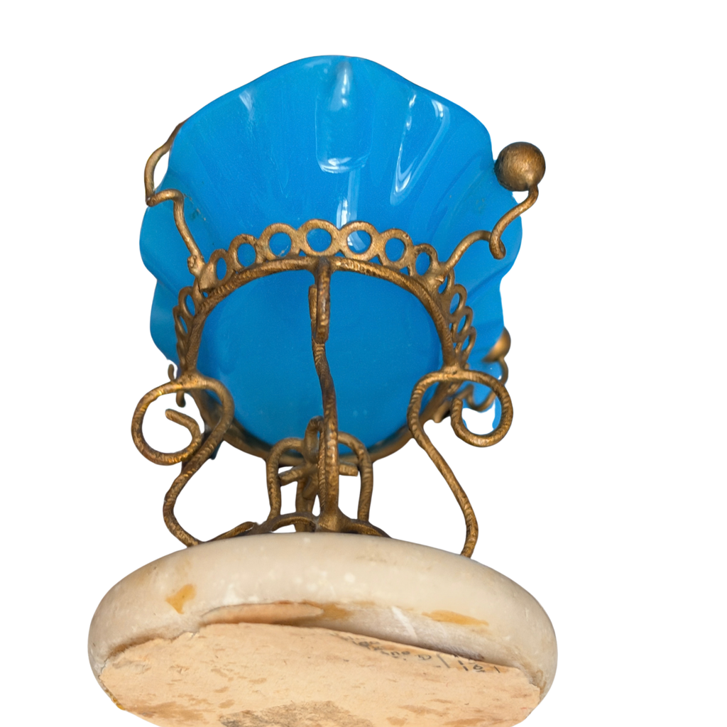 Antique French Blue Opaline Glass Dish on Alabaster Base