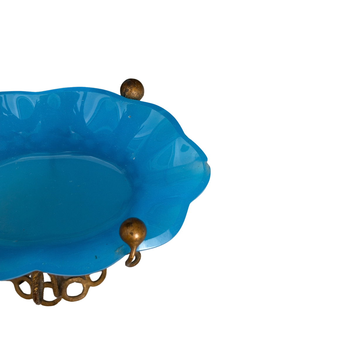 Antique French Blue Opaline Glass Dish on Alabaster Base