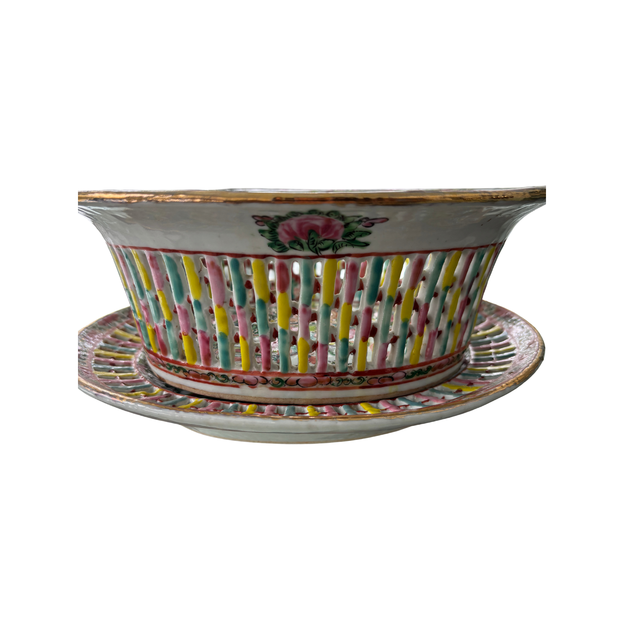 Vintage Reticulated Rose Medallion Basket and Platter