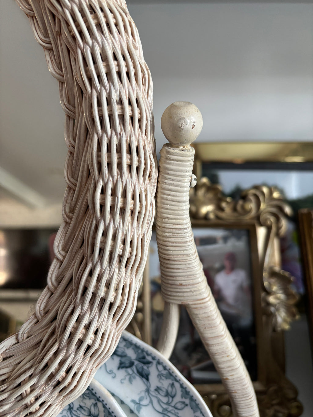 Vintage Rattan Vanity Tilt Mirror and Storage Basket