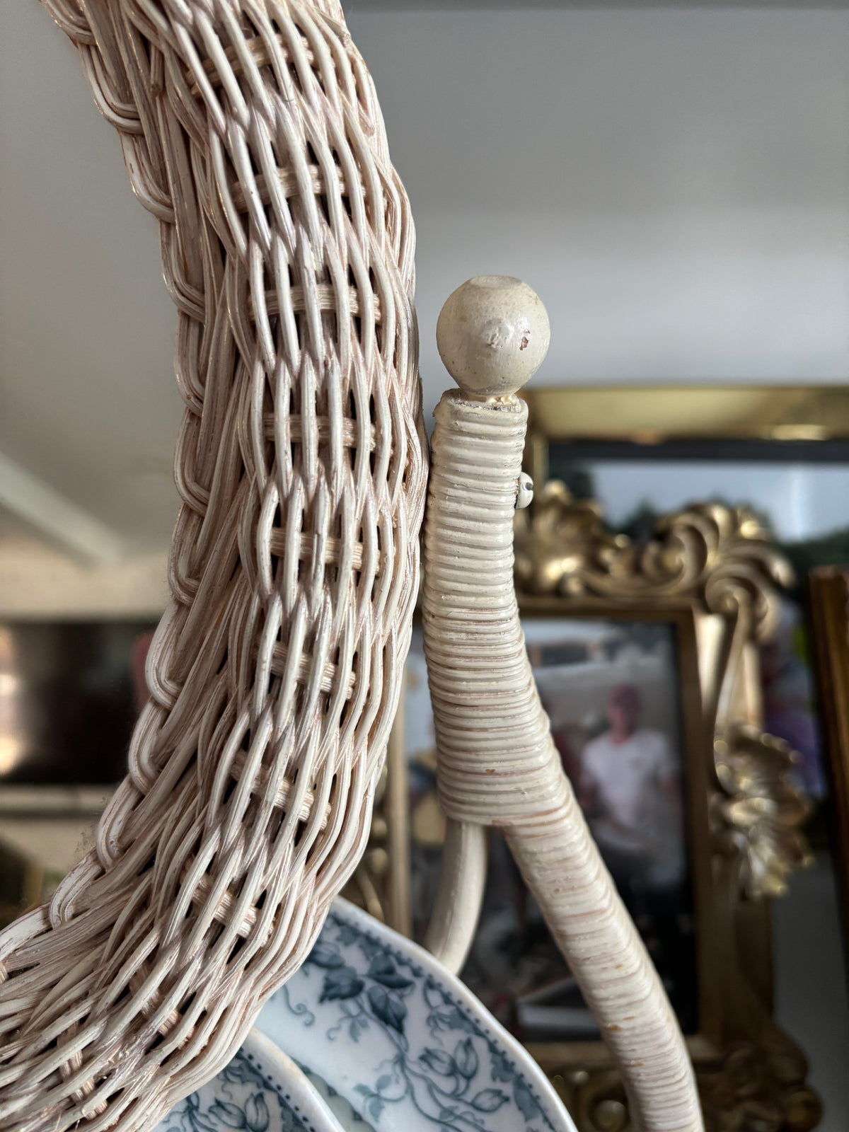 Vintage Rattan Vanity Tilt Mirror and Storage Basket