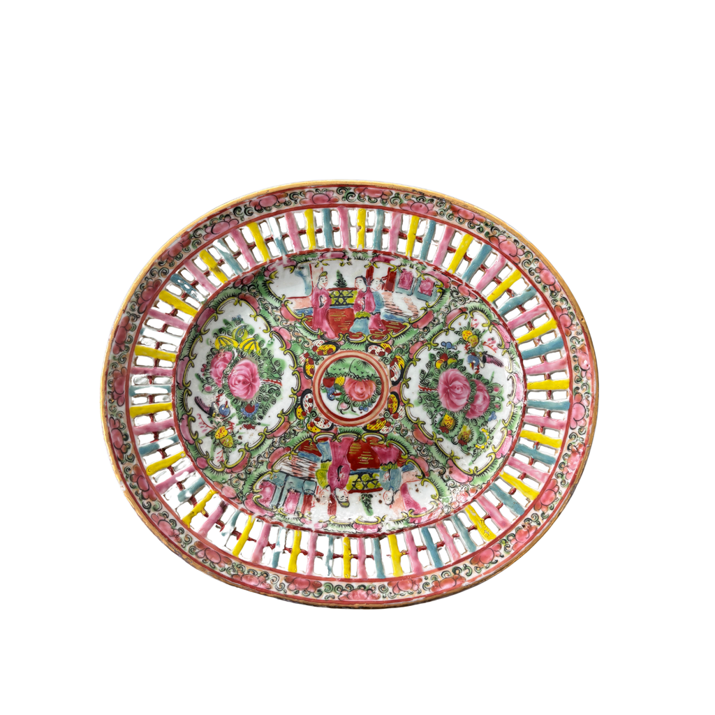 Vintage Reticulated Rose Medallion Basket and Platter