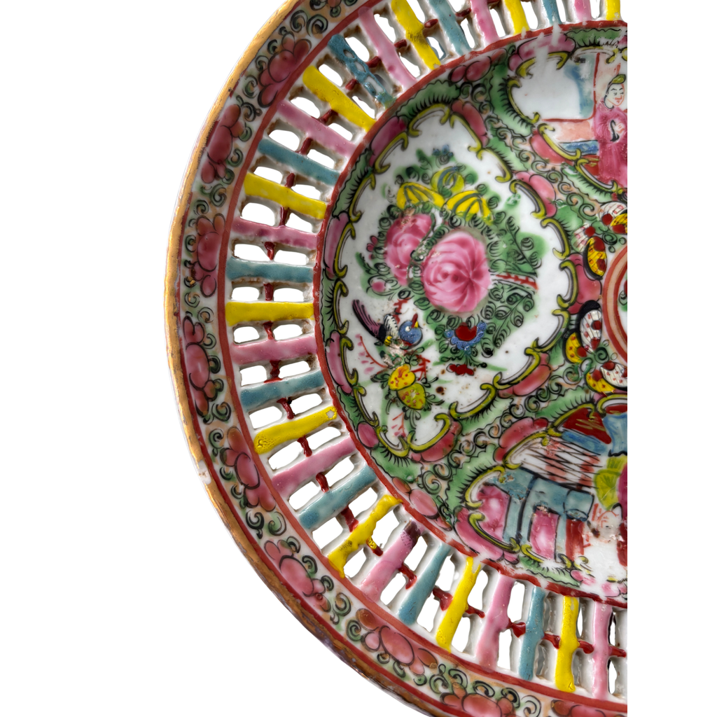 Vintage Reticulated Rose Medallion Basket and Platter