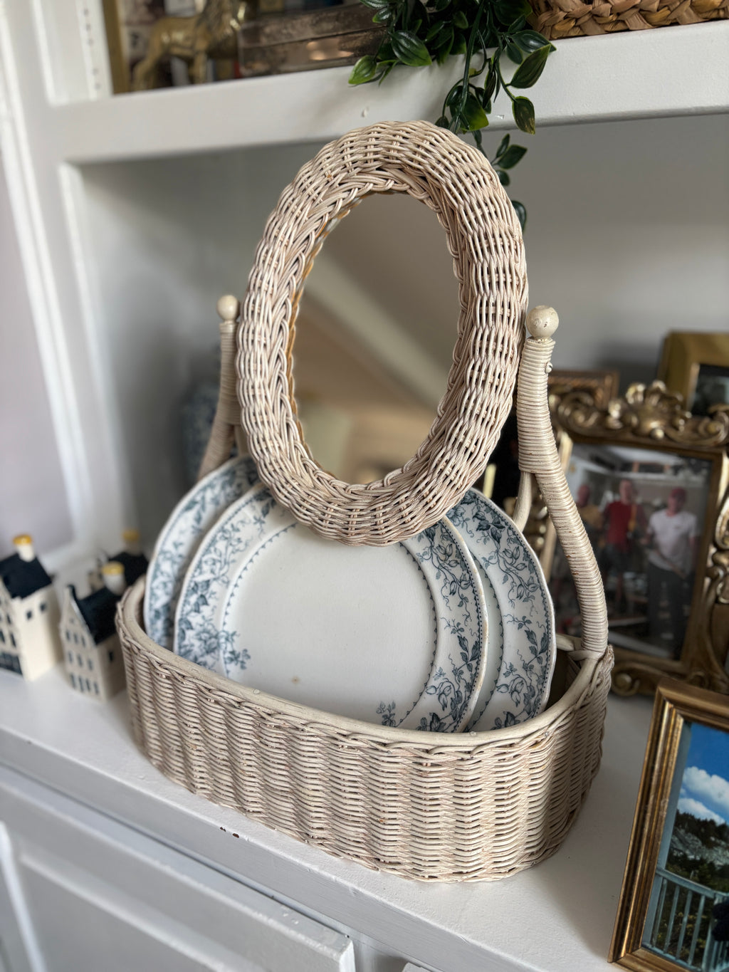 Vintage Rattan Vanity Tilt Mirror and Storage Basket