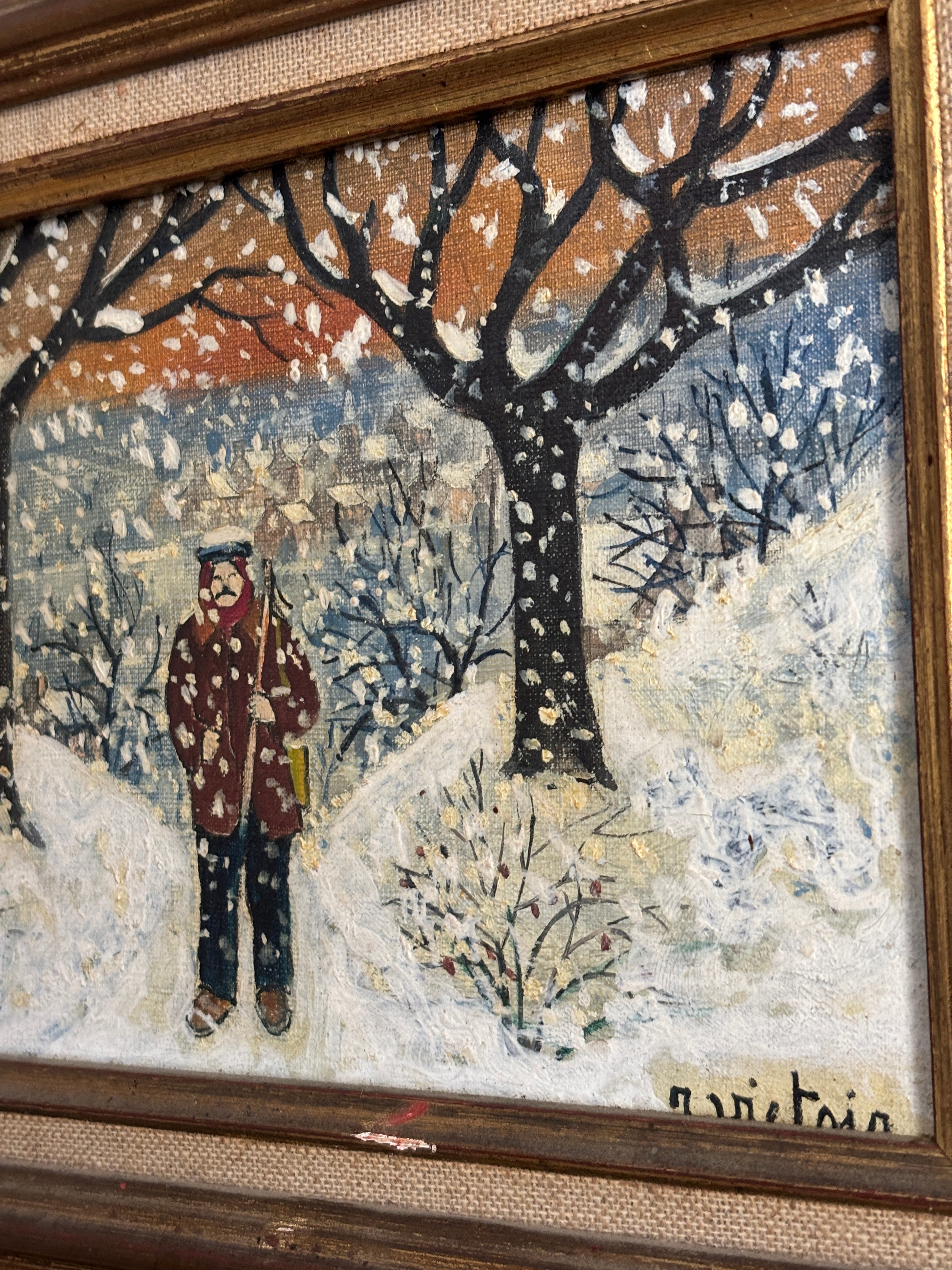 Vintage oil painting, man in winter