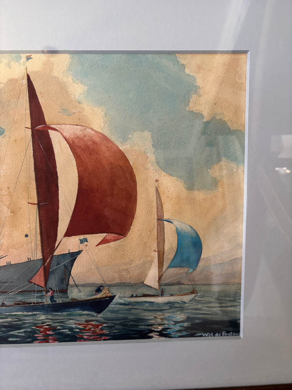 Vintage Original Watercolor of a Yacht Regatta