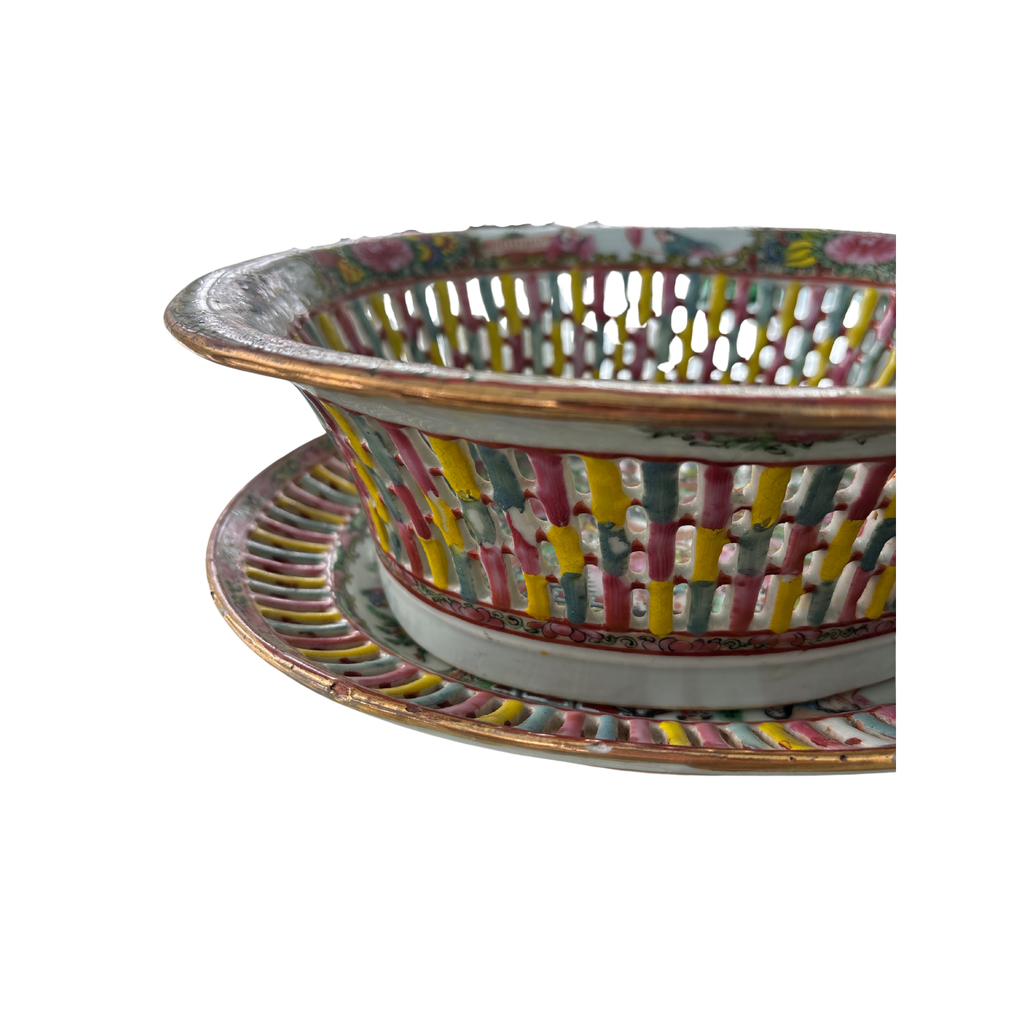 20th Century Reticulated Rose Medallion Basket and Platter