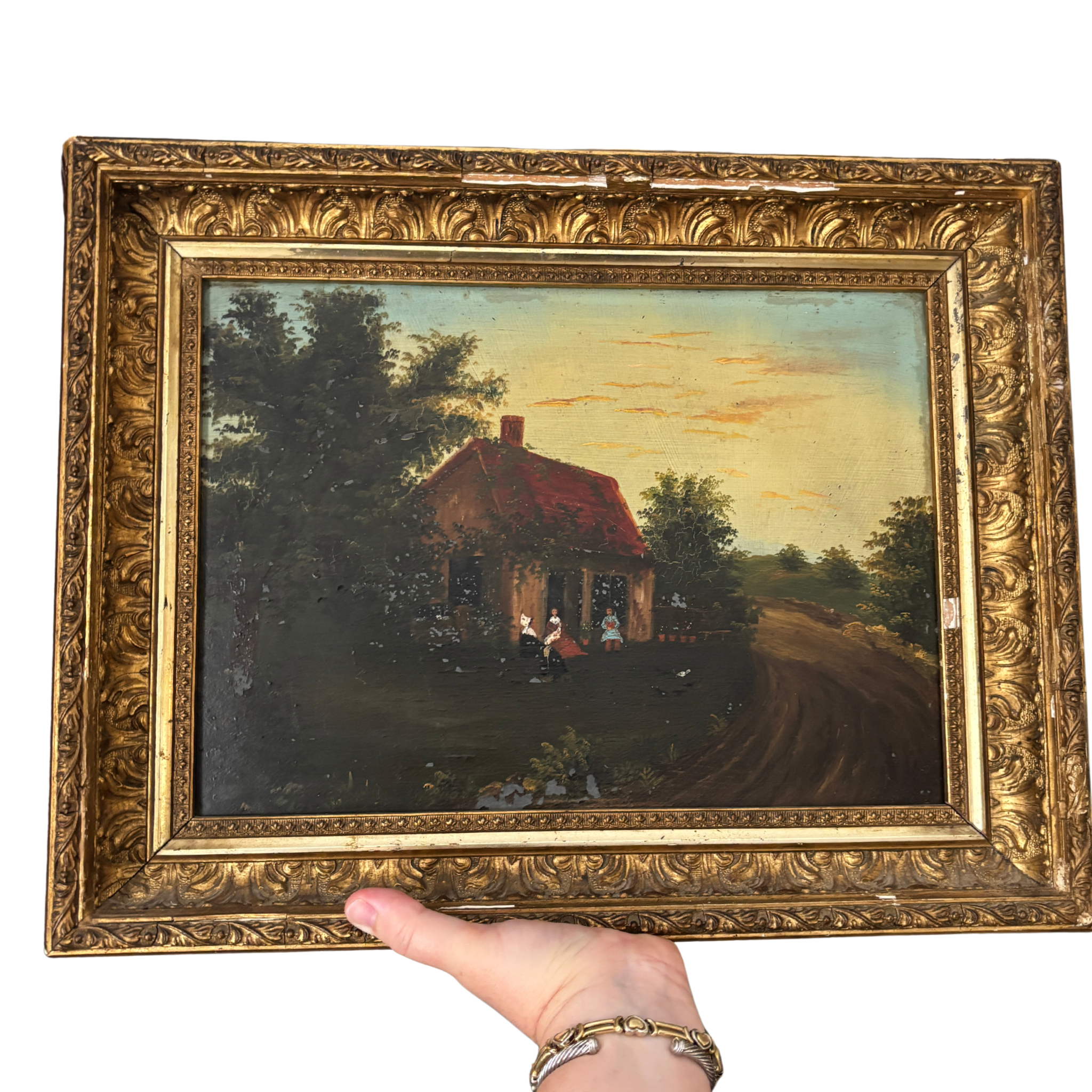 19th Century Cottage Landscape Oil Painting