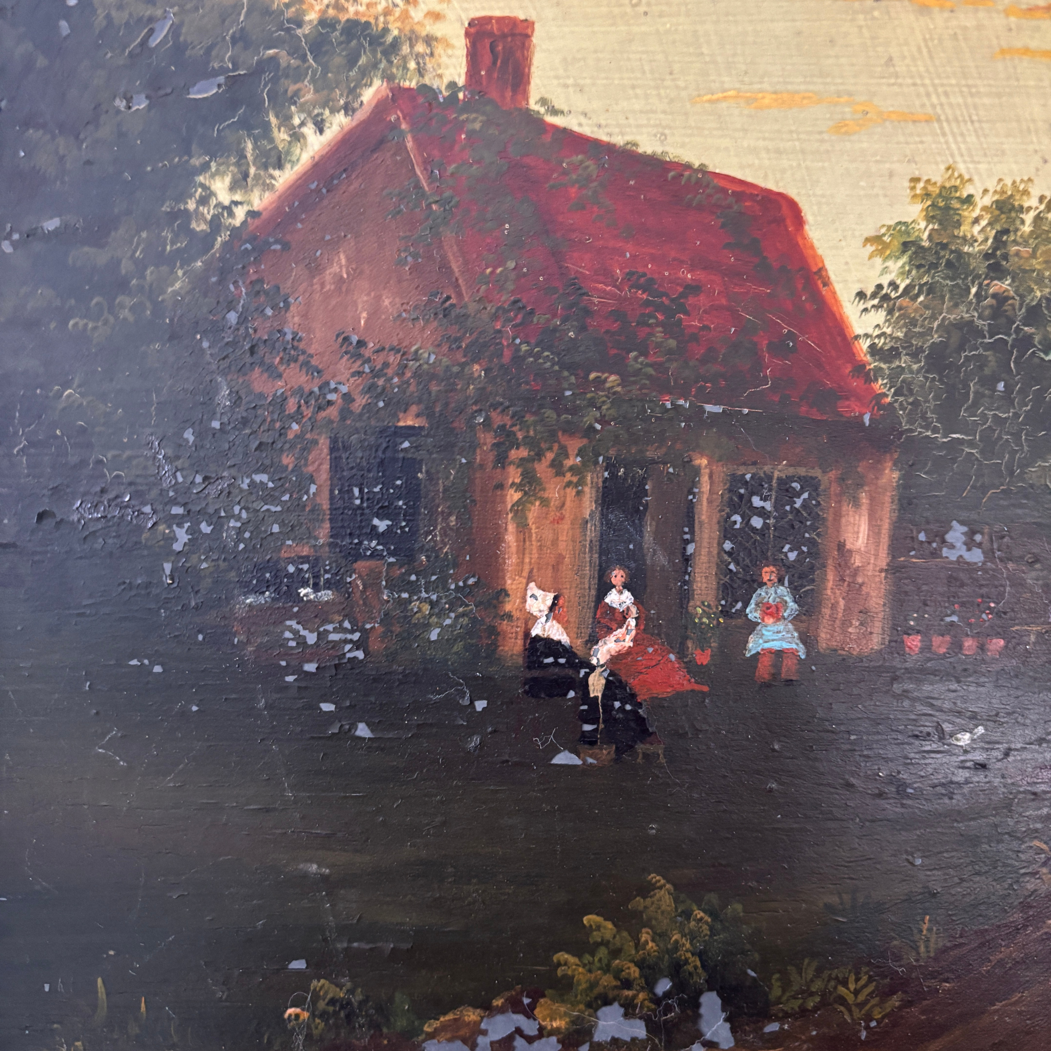 19th Century Cottage Landscape Oil Painting