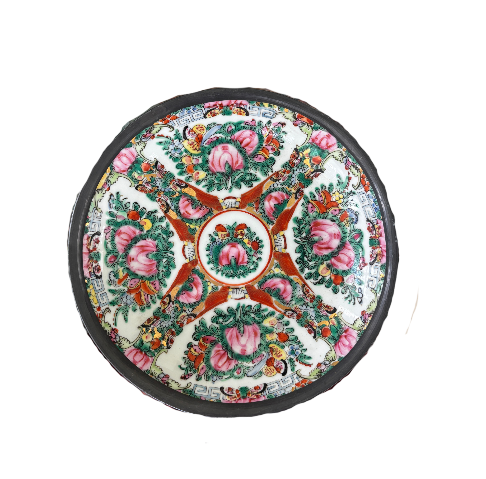 Vintage Pewter-Encased Rose Canton Dish