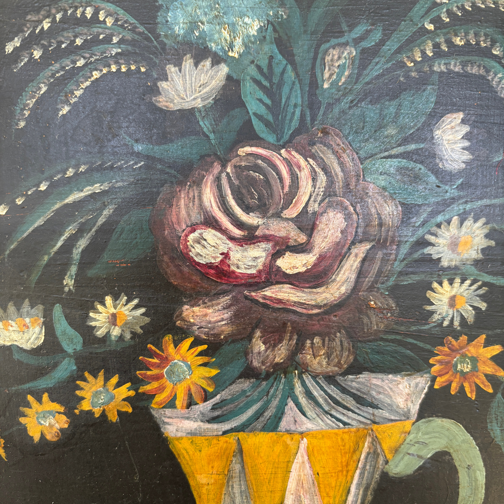Antique Folk Art Floral Still Life on Wood Panel