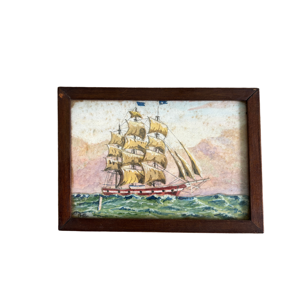 Vintage Handcrafted Layered Maritime Folk Art Ship Picture