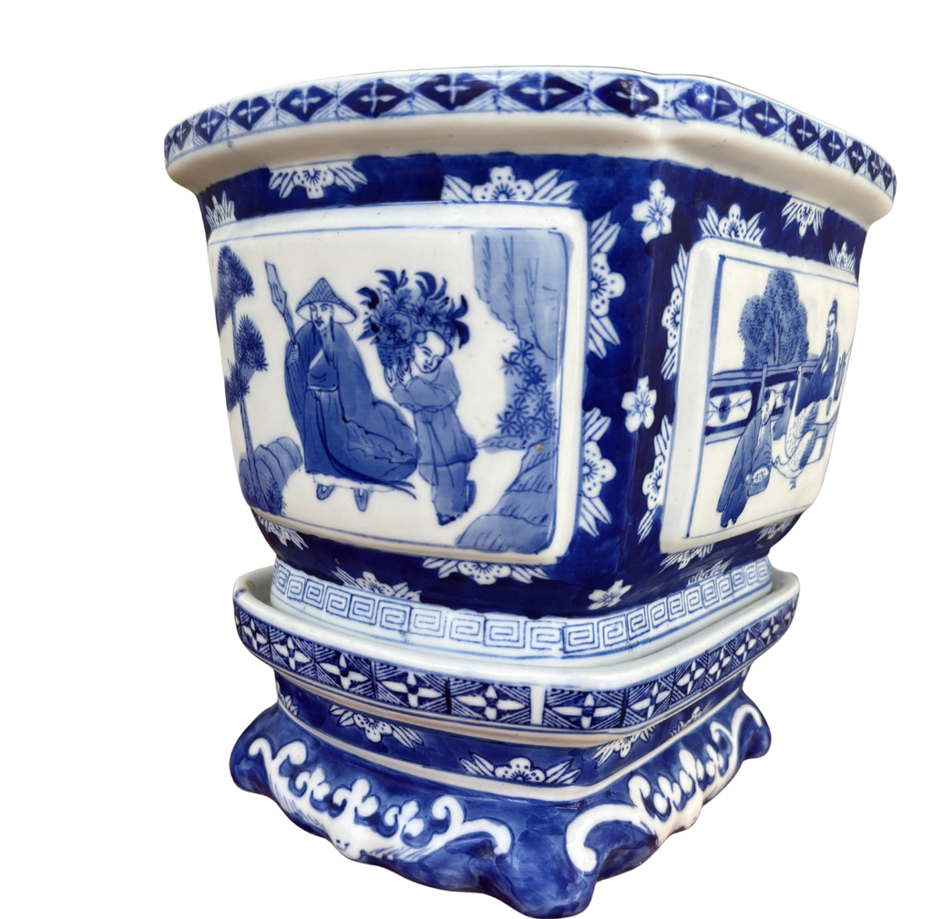 Blue & White Planter on Stand
